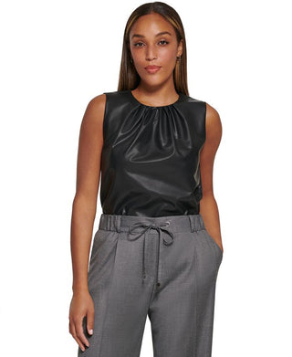 Clavin Klein Women's Faux Leather Pleat Neck Sleeveless Top Black Size Medium