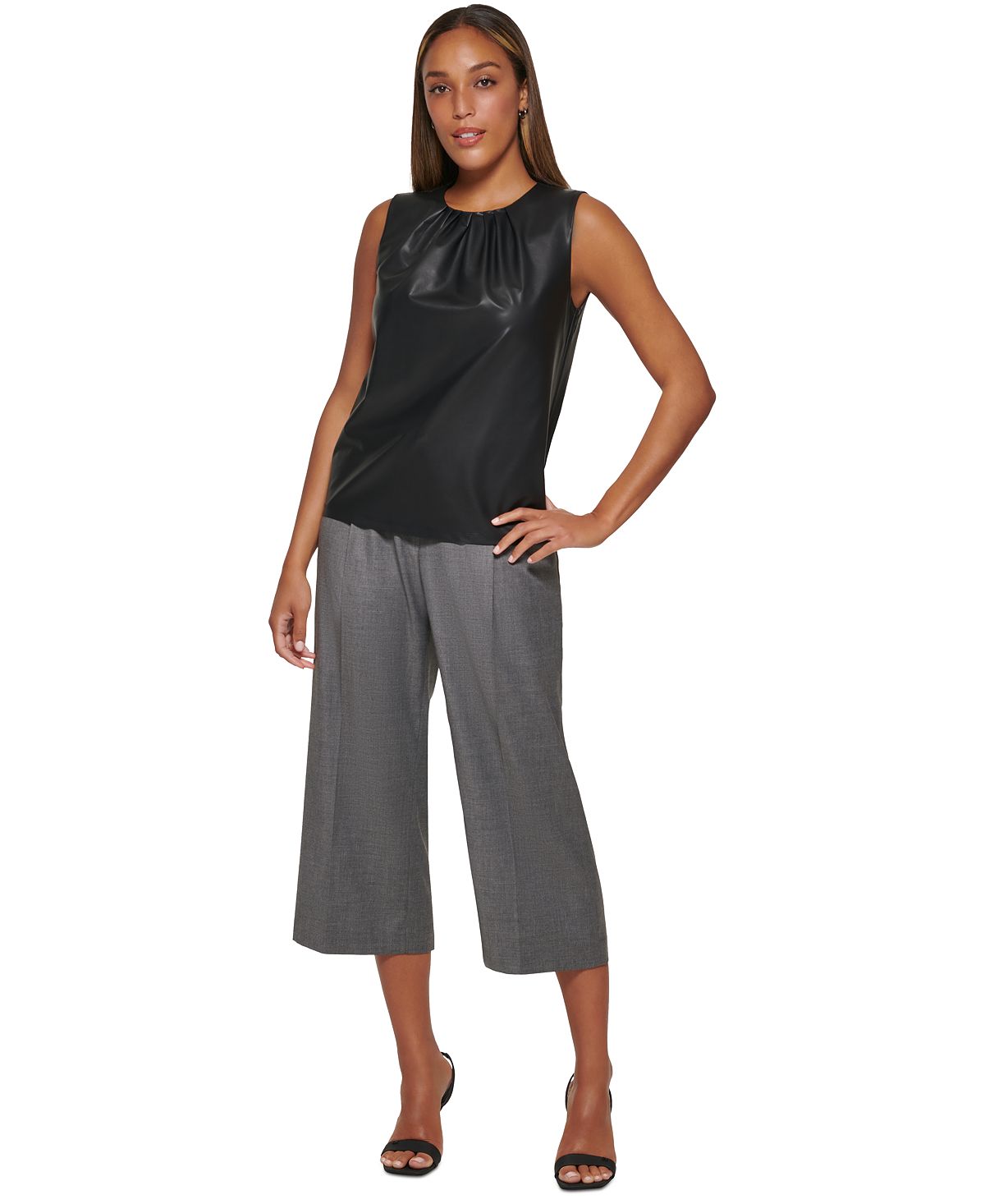 Clavin Klein Women's Faux Leather Pleat Neck Sleeveless Top Black Size Medium