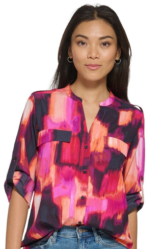 Calvin Klein Women's Long Sleeve Button Down Blouse Orange Size Medium