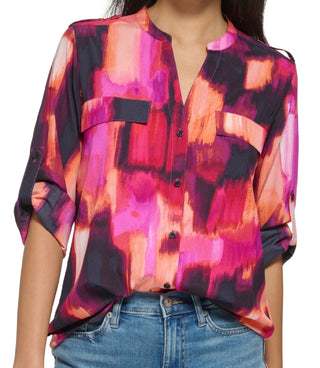 Calvin Klein Women's Long Sleeve Button Down Blouse Orange Size Medium