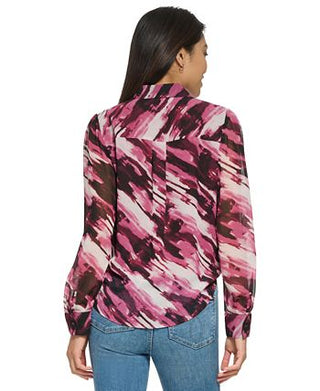 Calvin Klein Women's Long Sleeve Tie Front Button Down Blouse Purple Size Large