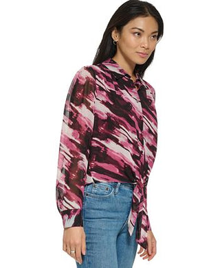 Calvin Klein Women's Long Sleeve Tie Front Button Down Blouse Purple Size Large