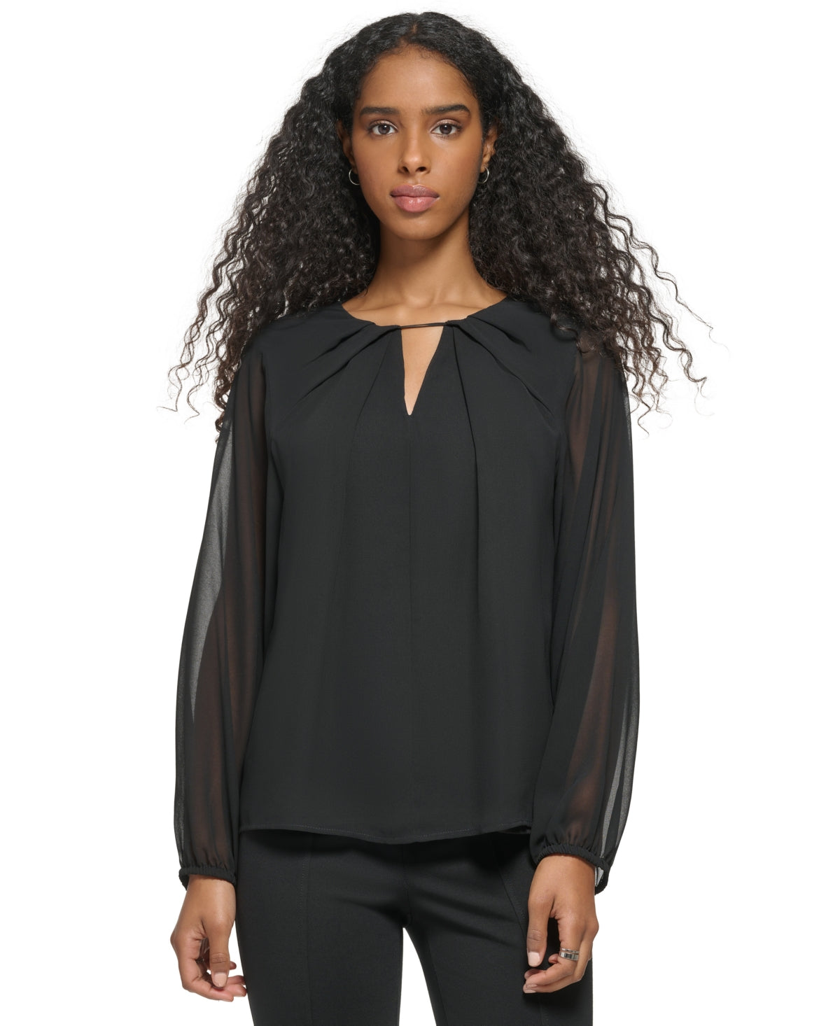 Calvin Klein Women's Long Sleeve Keyhole Neck Chiffon Blouse Black Size Medium
