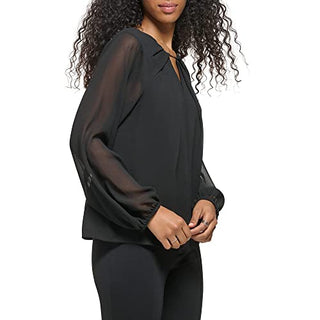Calvin Klein Women's Long Sleeve Keyhole Neck Chiffon Blouse Black Size Medium