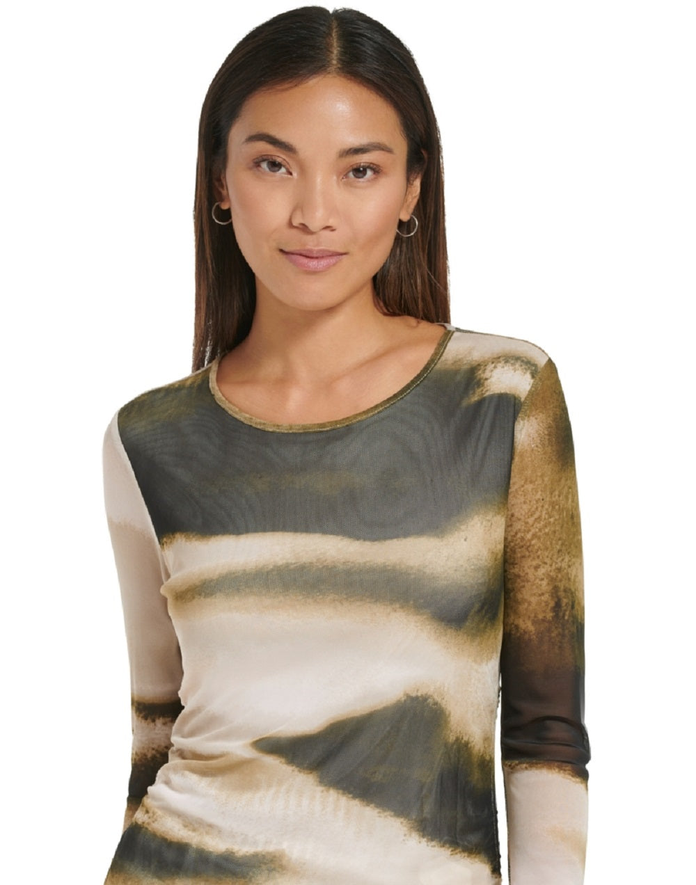 Calvin Klein Women's Long Sleeve Printed Mesh Top Brown Size X-Large