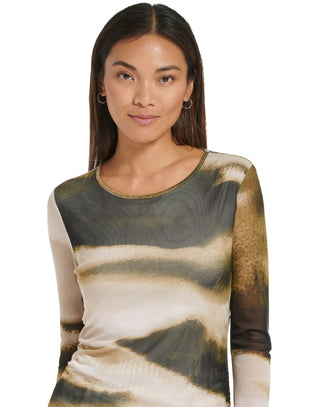 Calvin Klein Women's Long Sleeve Printed Mesh Top Brown Size X-Large