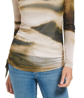 Calvin Klein Women's Long Sleeve Printed Mesh Top Brown Size X-Large