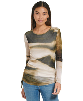 Calvin Klein Women's Long Sleeve Printed Mesh Top Brown Size X-Large