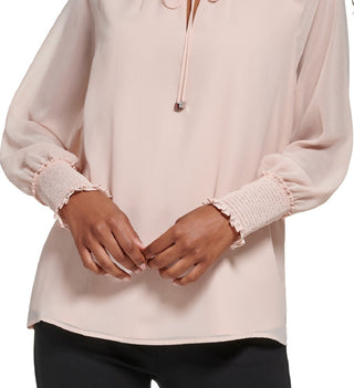 Calvin Klein Women's Tie Front Chiffon Peasant Blouse Pink Size Large