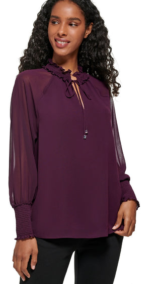 Calvin Klein Women's Tie Front Chiffon Peasant Blouse Purple Size X-Large