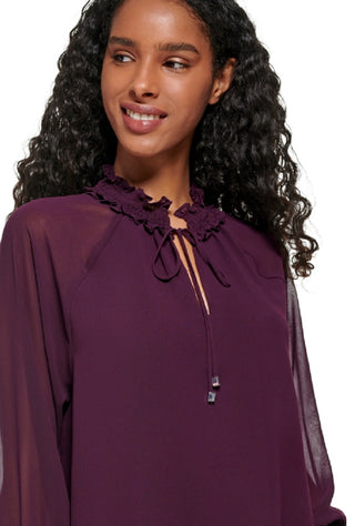 Calvin Klein Women's Tie Front Chiffon Peasant Blouse Purple Size X-Large