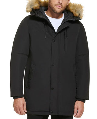 Calvin Klein Men's Long Parka With Faux Fur Lined Hood Black Size Medium