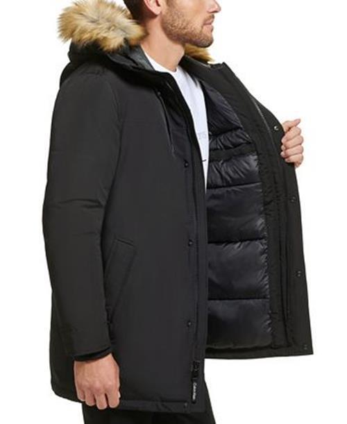 Calvin Klein Men's Long Parka With Faux Fur Lined Hood Black Size Medium