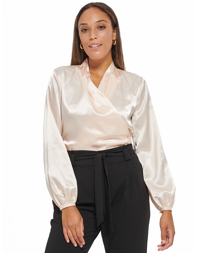 Calvin Klein Women's Long Sleeve Faux Wrap Blouse Pink Size Medium
