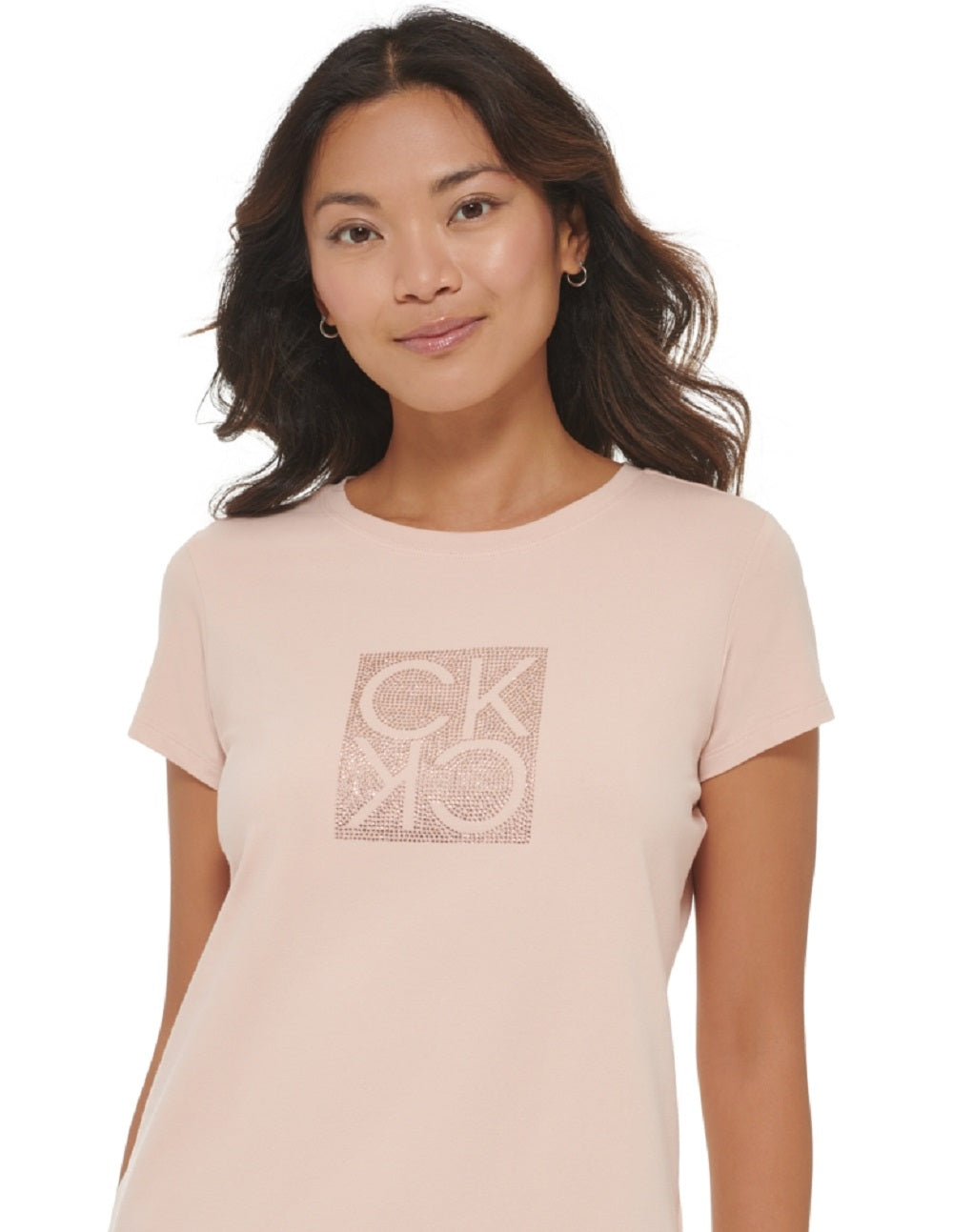 Calvin Klein Women's Short Sleeve Rhinestone Logo T-Shirt Pink Size X-Large