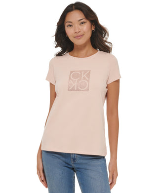 Calvin Klein Women's Short Sleeve Rhinestone Logo T-Shirt Pink Size X-Large