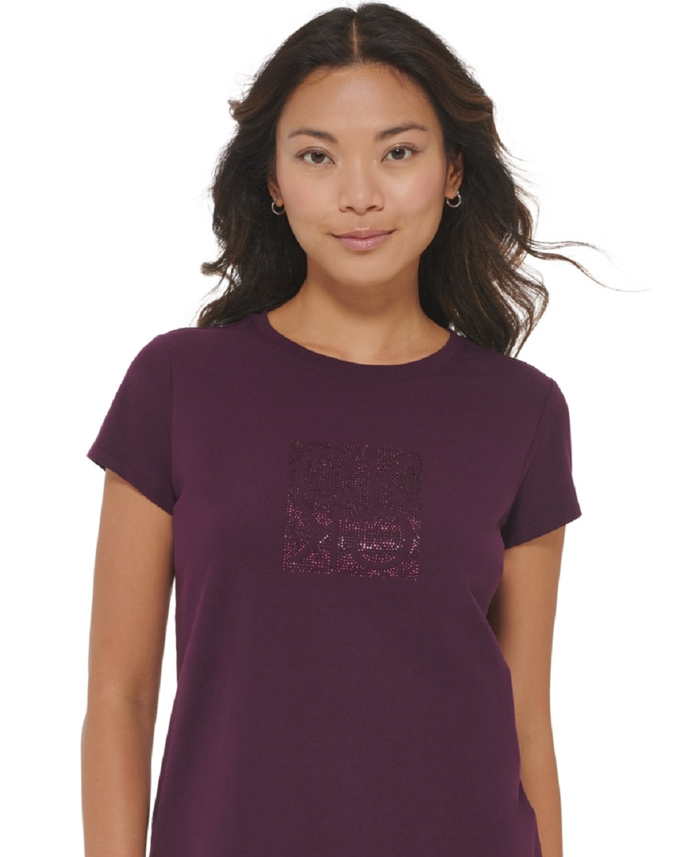 Calvin Klein Women's Short Sleeve Rhinestone Logo T-Shirt Purple Size Medium