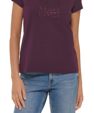 Calvin Klein Women's Short Sleeve Rhinestone Logo T-Shirt Purple Size Medium