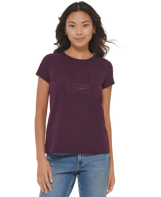 Calvin Klein Women's Short Sleeve Rhinestone Logo T-Shirt Purple Size Medium