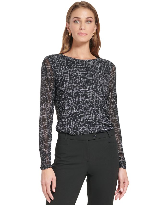 Calvin Klein Women's Long Sleeve Printed Mesh Top Black Size Medium