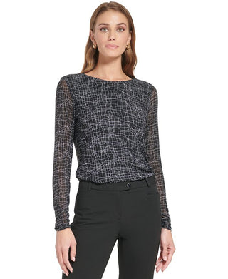 Calvin Klein Women's Long Sleeve Printed Mesh Top Black Size Medium