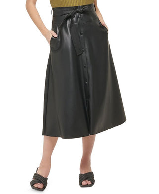 Calvin Klein Women's Tie Waist Faux Leather Midi Skirt Black Size 10