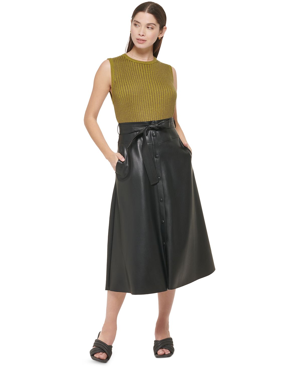 Calvin Klein Women's Tie Waist Faux Leather Midi Skirt Black Size 10