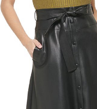 Calvin Klein Women's Tie Waist Faux Leather Midi Skirt Black Size 10