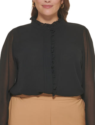 Calvin Klein Women's Ruffled Long Sleeve Blouse Black Size 2X