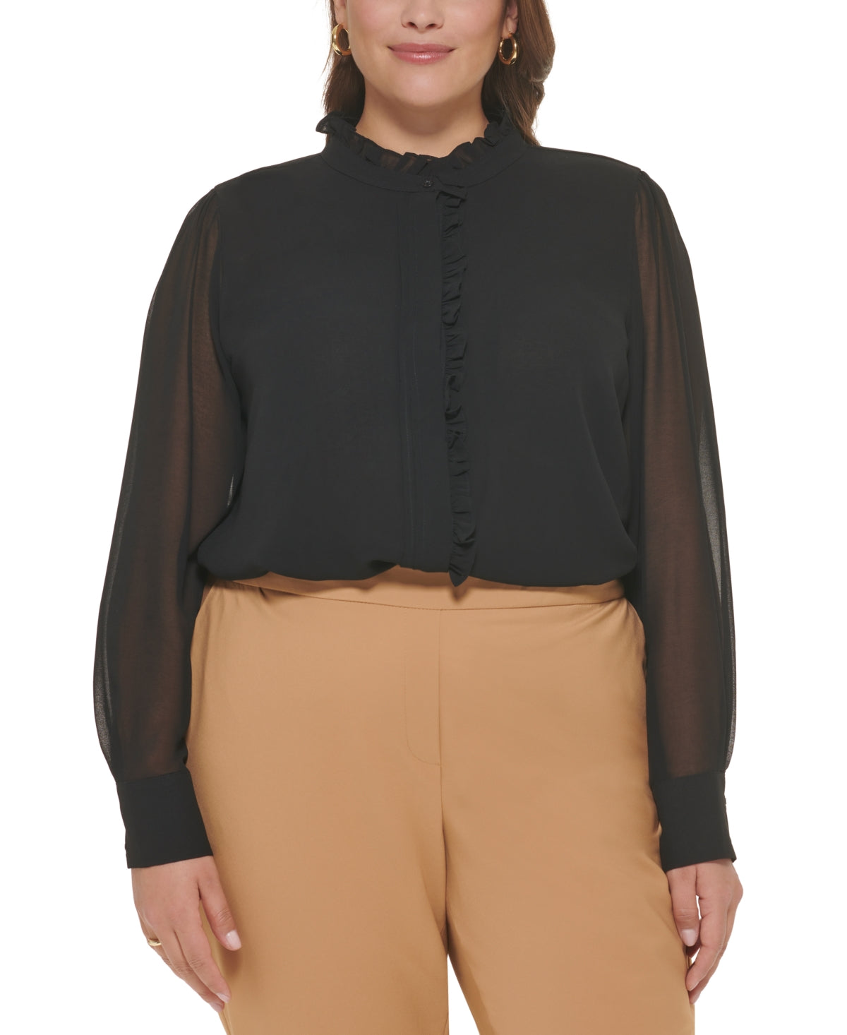 Calvin Klein Women's Ruffled Long Sleeve Blouse Black Size 2X