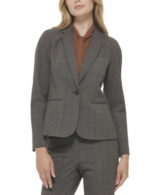 Calvin Klein Women's Plaid Single Button Notched Collar Blazer Black Size 4Petite