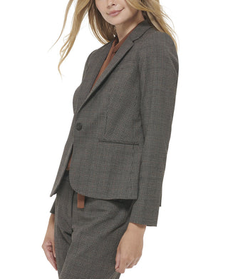 Calvin Klein Women's Plaid Single Button Notched Collar Blazer Black Size 4Petite