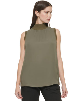 Calvin Klein Women's Ribbed Mock Neck Sleeveless Top Green Size Medium