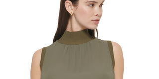 Calvin Klein Women's Ribbed Mock Neck Sleeveless Top Green Size Medium