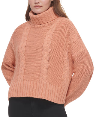 Calvin Klein Women's Cable Knit Long Sleeve Turtleneck Sweater Pink Size Medium