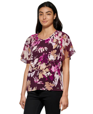 Calvin Klein Women's Printed Chiffon Flutter Sleeve Top Purple Size Large