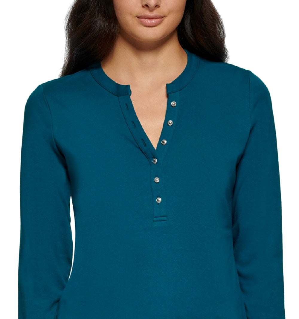 Calvin Klein Women's 3/4 Sleeve Button Front Henley Green Size X-Large