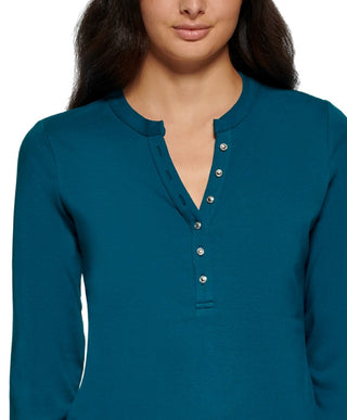 Calvin Klein Women's 3/4 Sleeve Button Front Henley Green Size Small