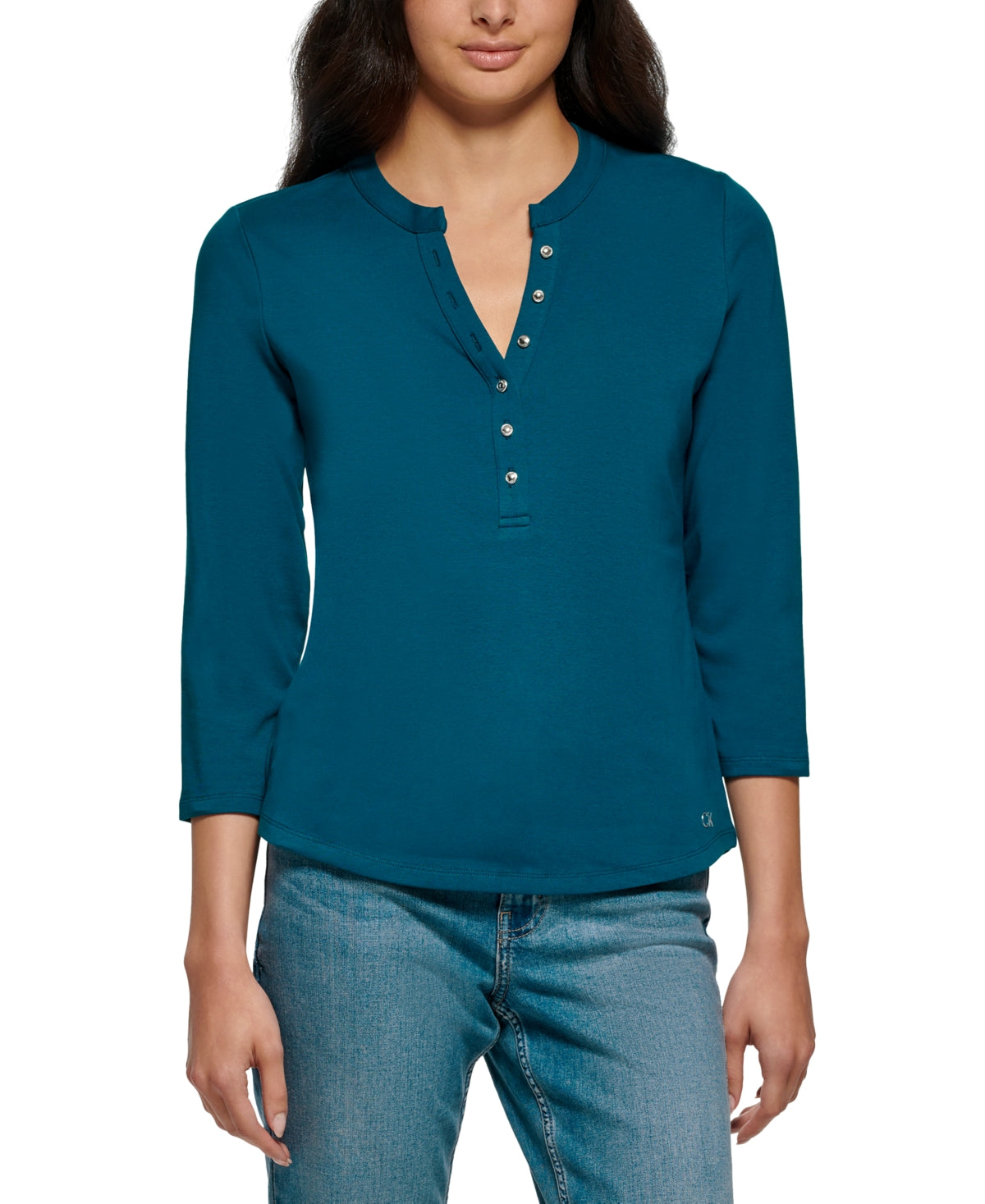 Calvin Klein Women's 3/4 Sleeve Button Front Henley Green Size Small