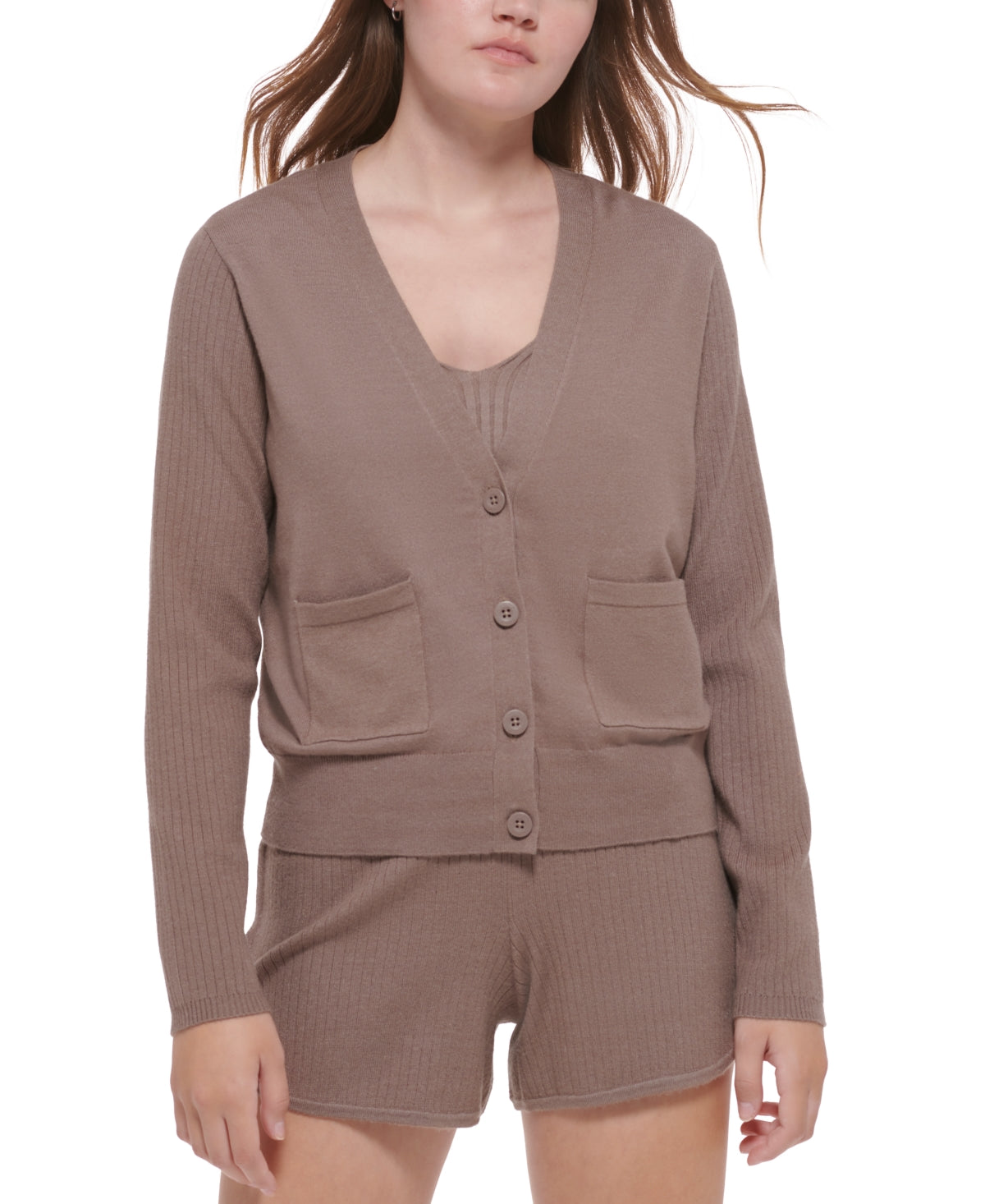 Calvin Klein Women's Ribbed Sleeve Button Front Cardigan Brown Size Medium