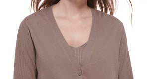 Calvin Klein Women's Ribbed Sleeve Button Front Cardigan Brown Size Medium