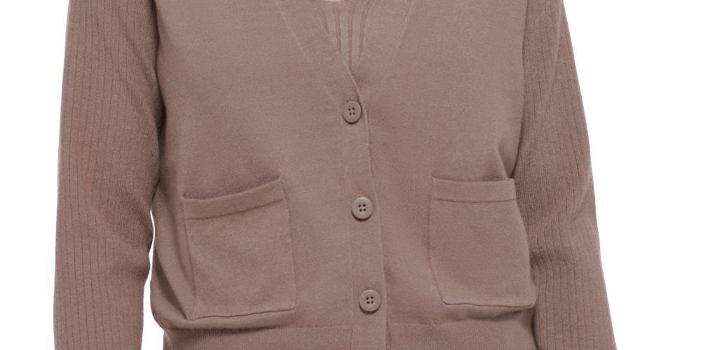Calvin Klein Women's Ribbed Sleeve Button Front Cardigan Brown Size Medium