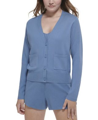 Calvin Klein Women's Ribbed Sleeve Button Front Cardigan Blue Size Small