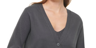 Calvin Klein Women's Ribbed Sleeve Button Front Cardigan Gray Size X-Large