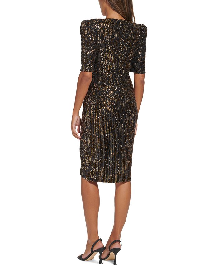Calvin Klein Women's Sequined V Neck Elbow Sleeve Dress Black Size 12
