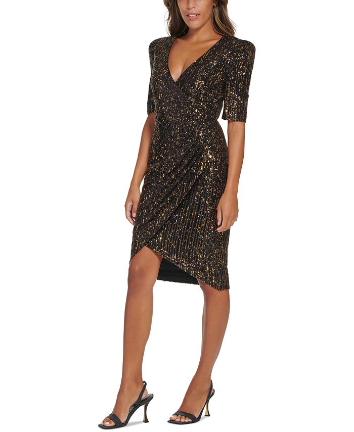 Calvin Klein Women's Sequined V Neck Elbow Sleeve Dress Black Size 12