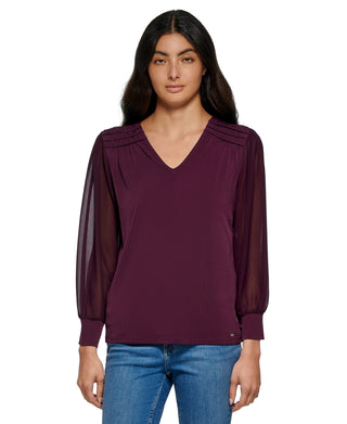 Calvin Klein Women's V Neck Chiffon Sleeve Blouse Purple Size X-Large
