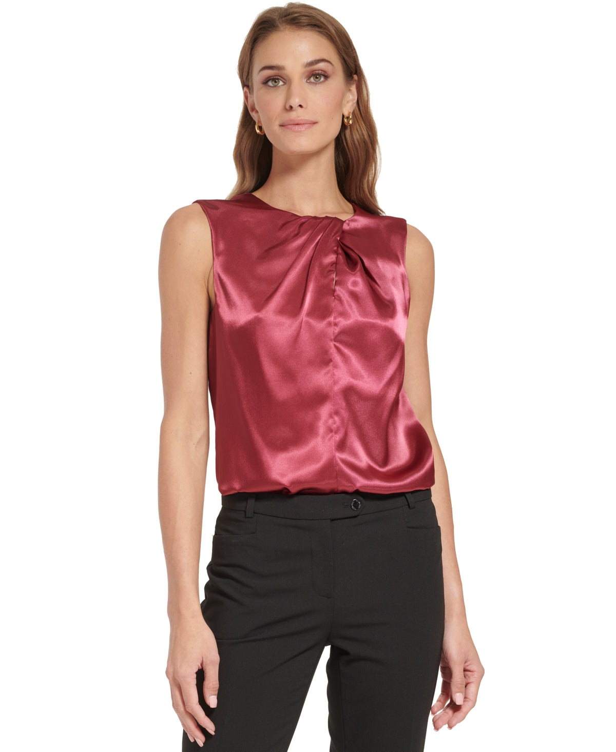 Calvin Klein Women's Sleeveless Pleat Neck Top Red Size Medium