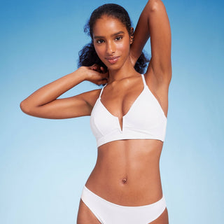 Shade & Shore Women's Ribbed Longline V-Wire Bikini Top White 34DD