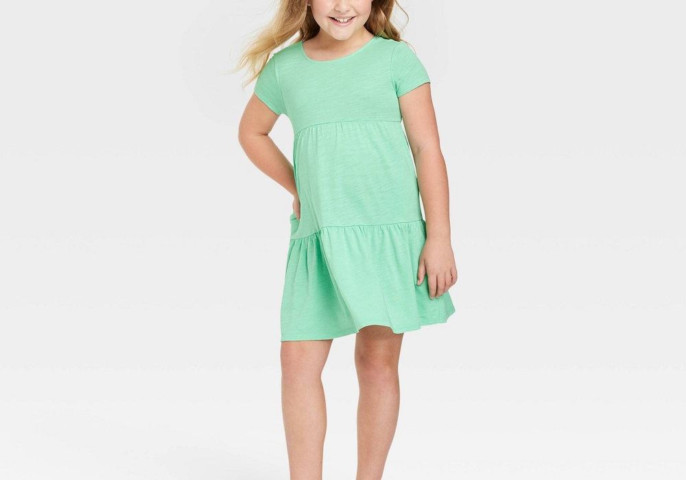 Cat & Jack Girls' Tiered Short Sleeve Knit Dress Green Size L